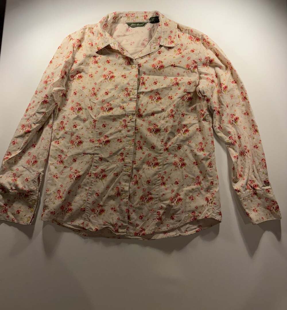 Eddie Bauer Corduroy Floral Button Down Shirt Size M Pink Cream